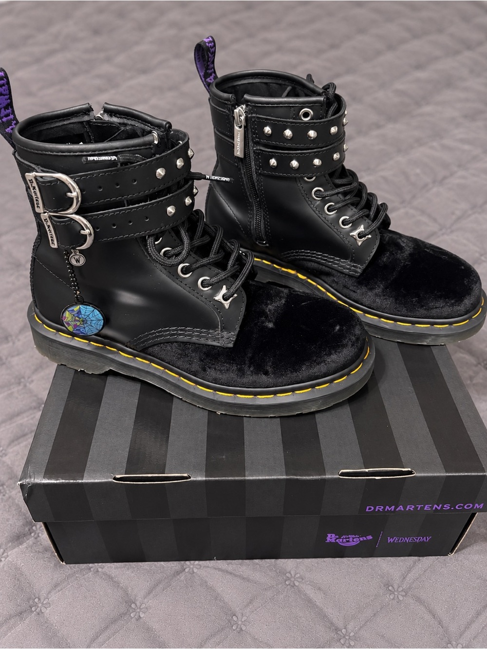 Dr. Martens x Wednesday 1460 Boots Black Velvet Studded Women’s 6